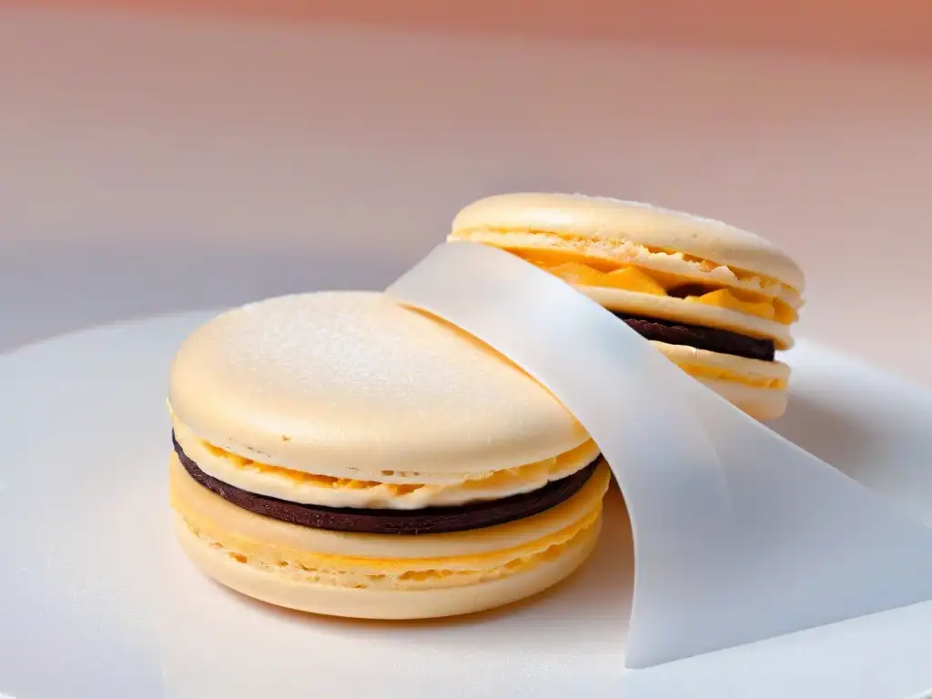 Delicado macaron francés en mármol, revelando su suave cáscara pastel y detalles crujientes