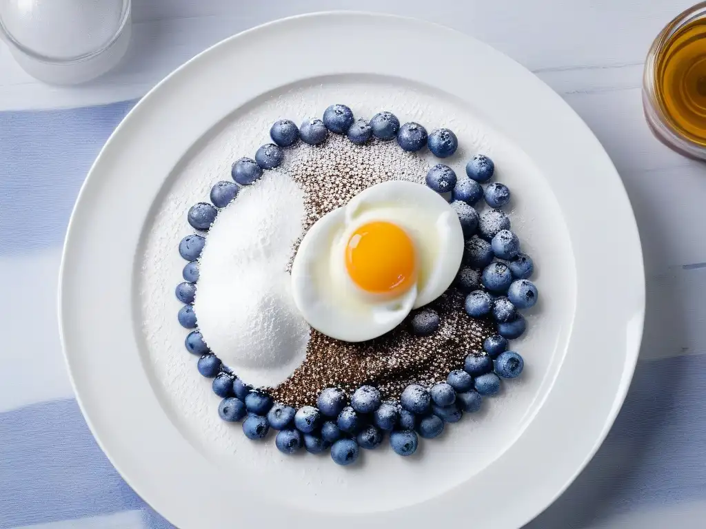 Delicado sustituto vegano de huevo rodeado de arándanos y azúcar en un plato blanco moderno