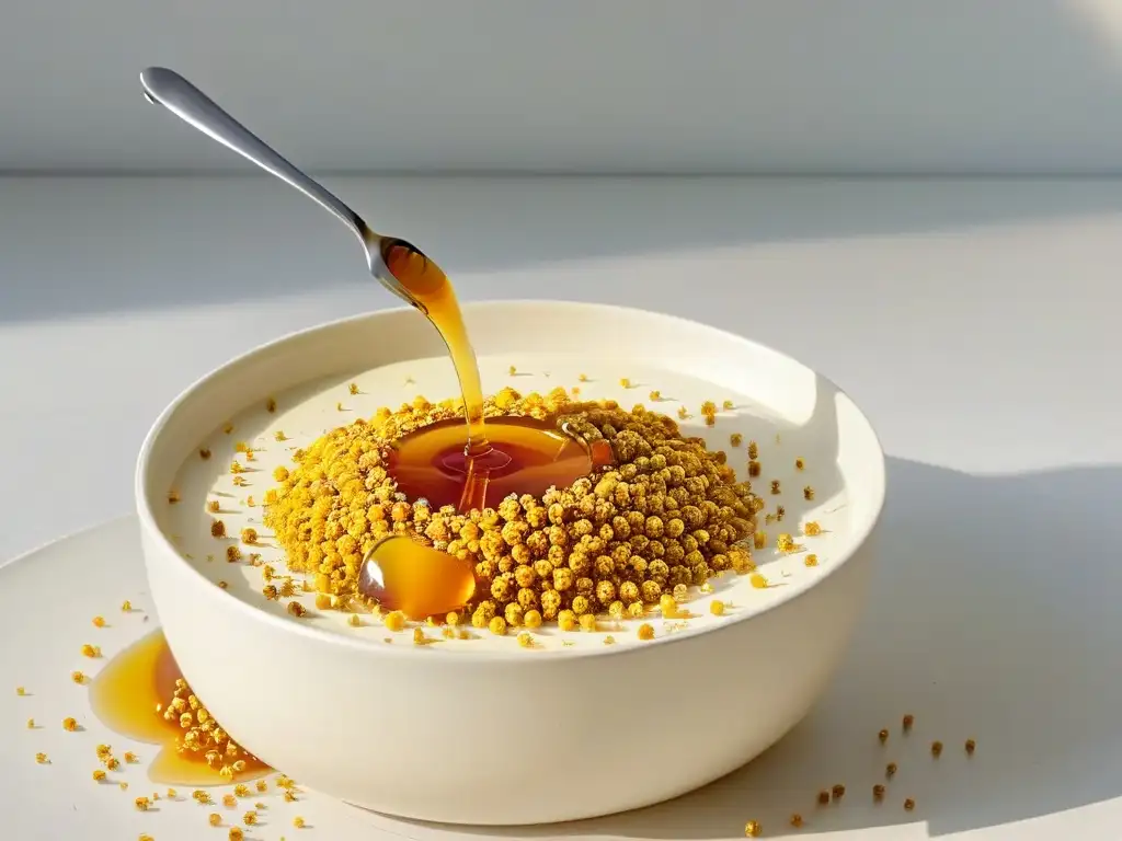 Delicado bol con miel dorada y polen de abeja vibrante Delicado tazón blanco con miel dorada y polen de abeja, resaltando beneficios en postres