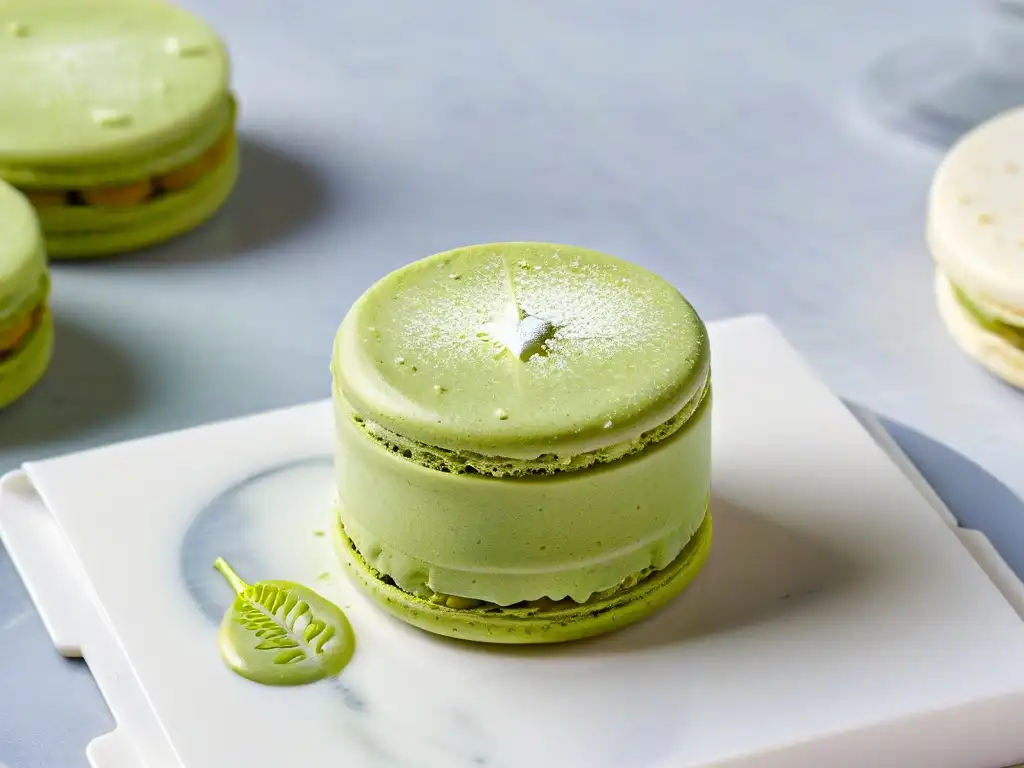 Delicado macaron de té matcha con textura suave y polvo verde, reposa sobre mármol