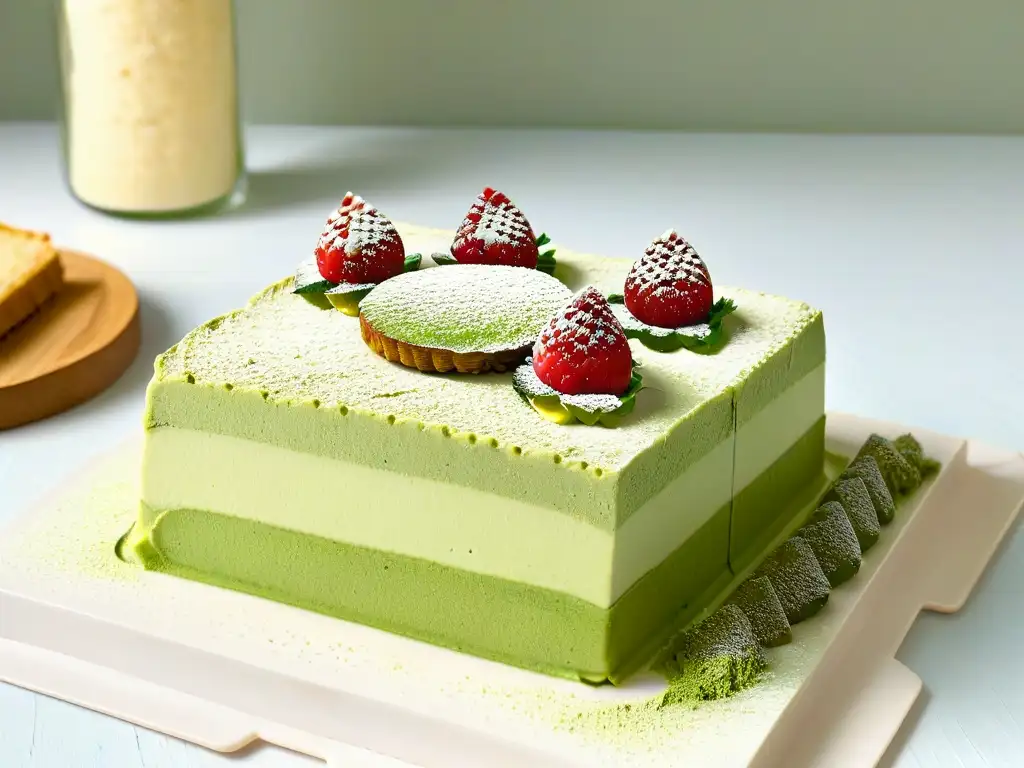 Delicado tiramisú de matcha gourmet con mascarpone, bizcochos esponjosos y frambuesas frescas