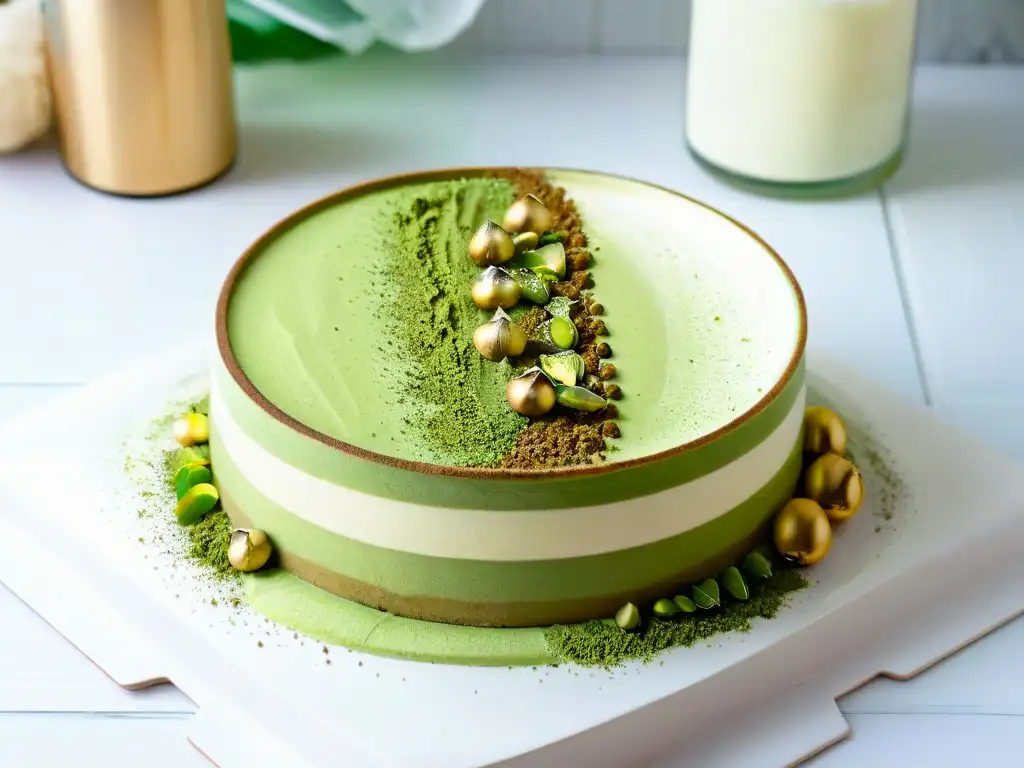 Delicado tiramisú de matcha receta gourmet con capas perfectas, decorado con pistachos y crema batida en elegante plato moderno