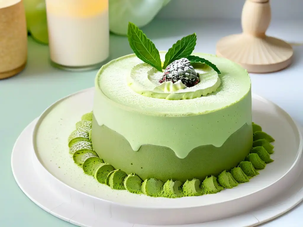 Delicado tiramisú de matcha receta gourmet en plato blanco con hojas verdes esparcidas