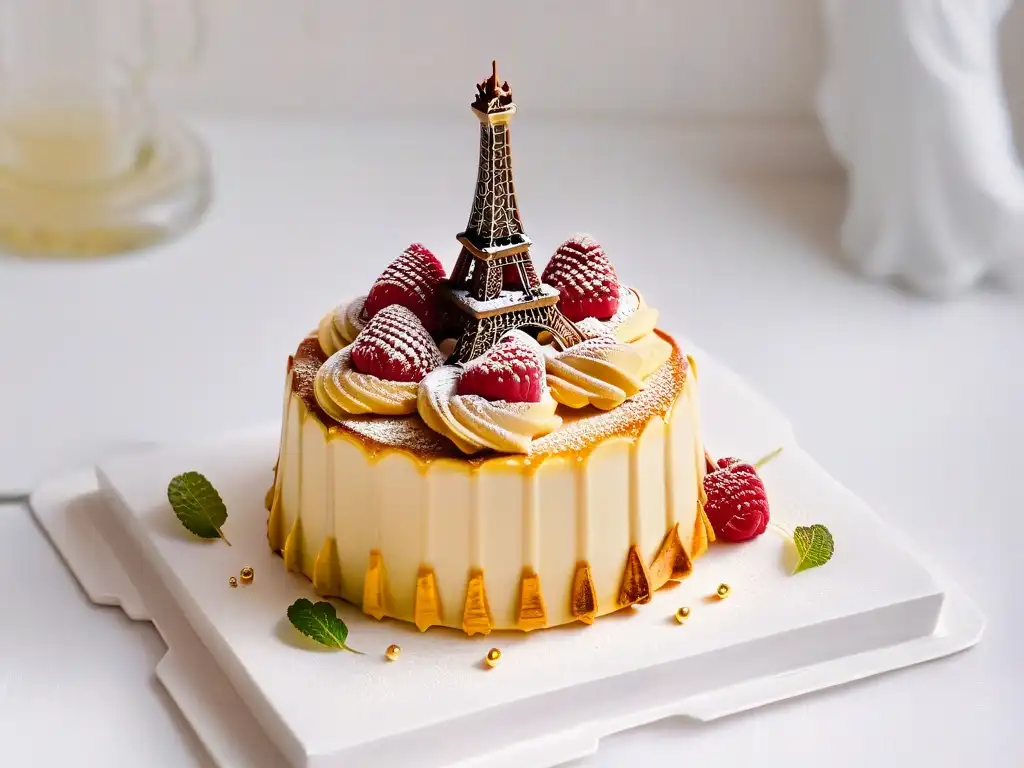 Delicado tour dulce de la pastelería parisina con torre Eiffel de hojaldre, oro comestible y frambuesas