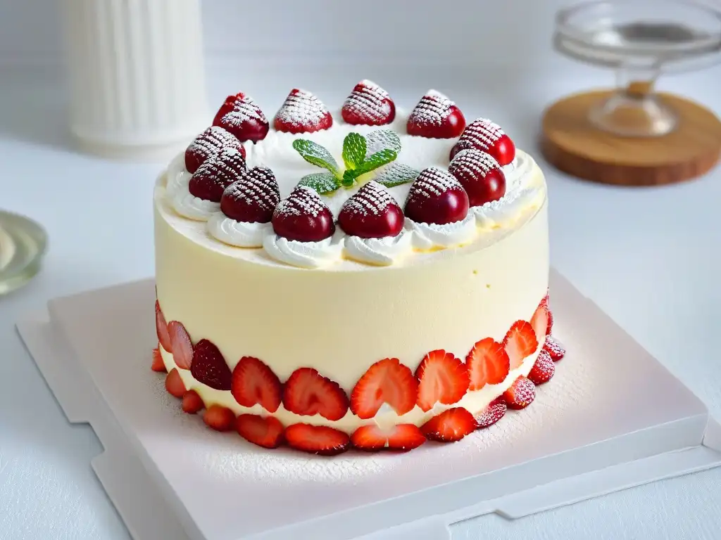 Delicado trifle de frutos rojos primavera con capas coloridas de bayas, crema y bizcocho, decorado con menta y azúcar glas