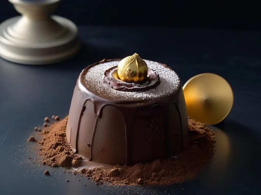 Delicado trufa de chocolate adornada con polvo dorado, bajo luz suave