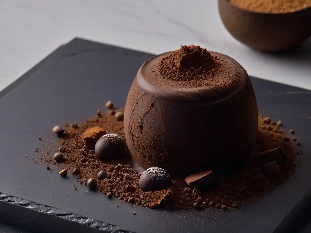 Delicado trufa de chocolate cubierta de cacao en elegante superficie de mármol