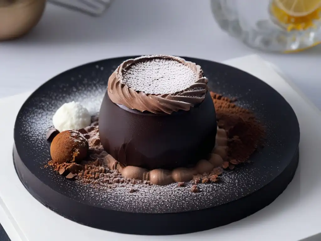 Delicado trufa de chocolate negro con cacao en plato negro mate