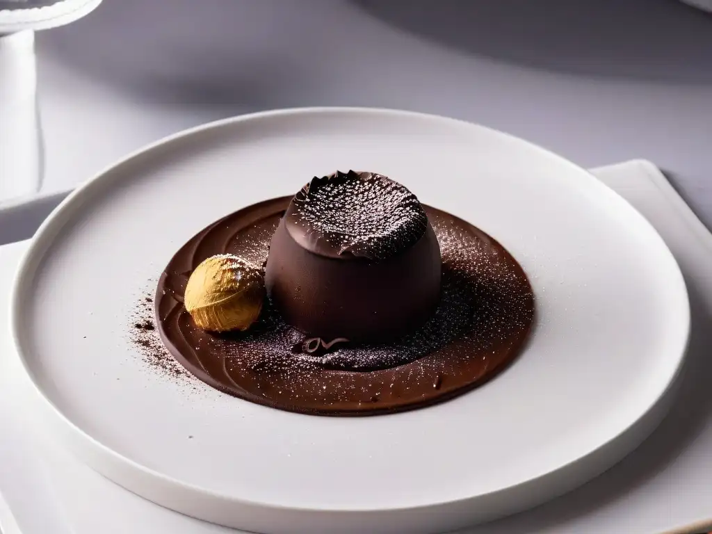 Delicado trufa de chocolate negro espolvoreado con cacao en polvo, sobre un elegante plato blanco