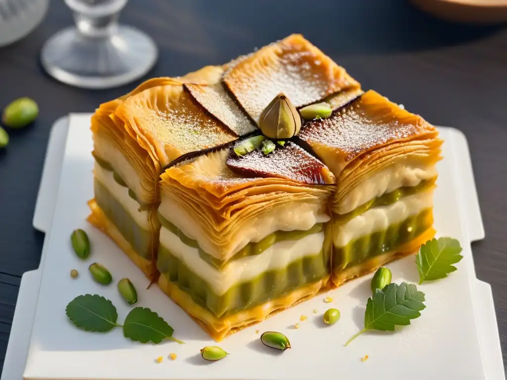 Delicado baklava turco con capas de masa filo y frutos secos, bañado en miel dorada y pistachos triturados