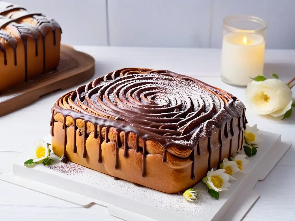 Delicado babka ucraniano con remolinos de chocolate y vainilla, rodeado de frutas frescas y pétalos de flores