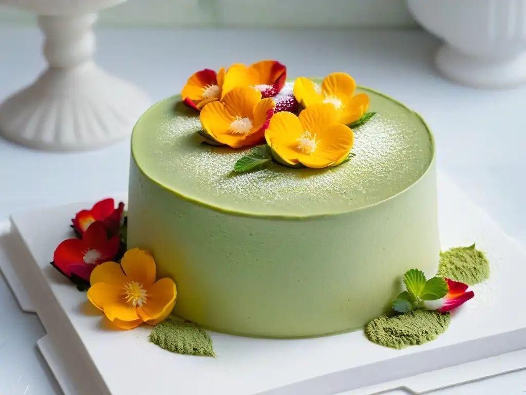 Delicado cheesecake de té verde matcha con flores comestibles y miel