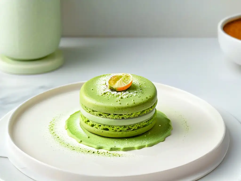 Delicado macaron de té verde matcha en plato blanco, resaltando sus capas y polvo de matcha