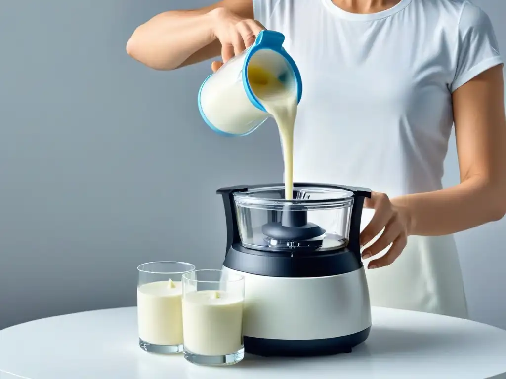 Un delicado vertido de leche vegana en una licuadora, con remolinos cremosos, evoca la receta crema leche vegana casera