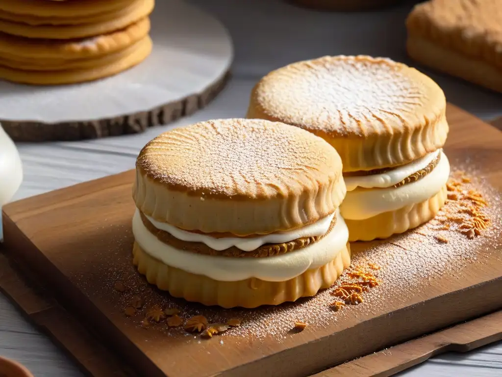 Delicados alfajores caseros saludables en mesa rústica, capa de dulce de leche y azúcar, receta alfajores saludables caseros