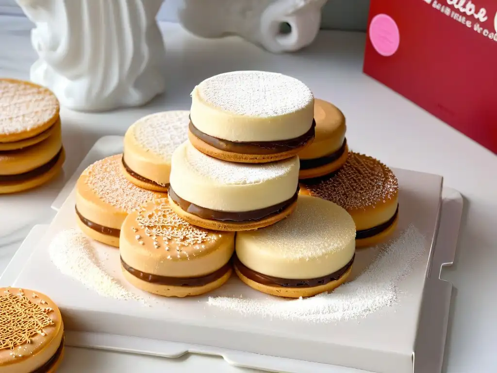 Delicados alfajores latinoamericanos decorados con dulce de leche y azúcar en un elegante plato moderno