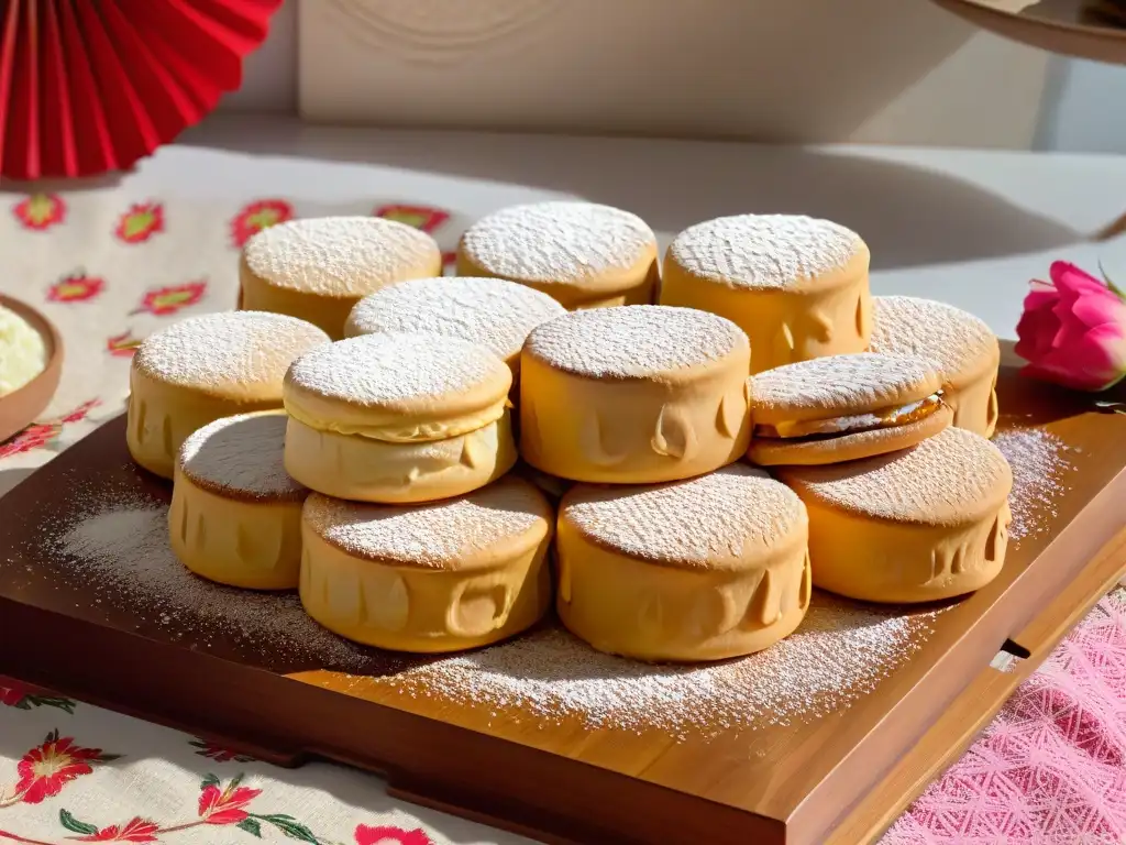 Delicados alfajores rodeados de flores y textiles latinoamericanos, resaltando la tradición cultural e historia de este postre