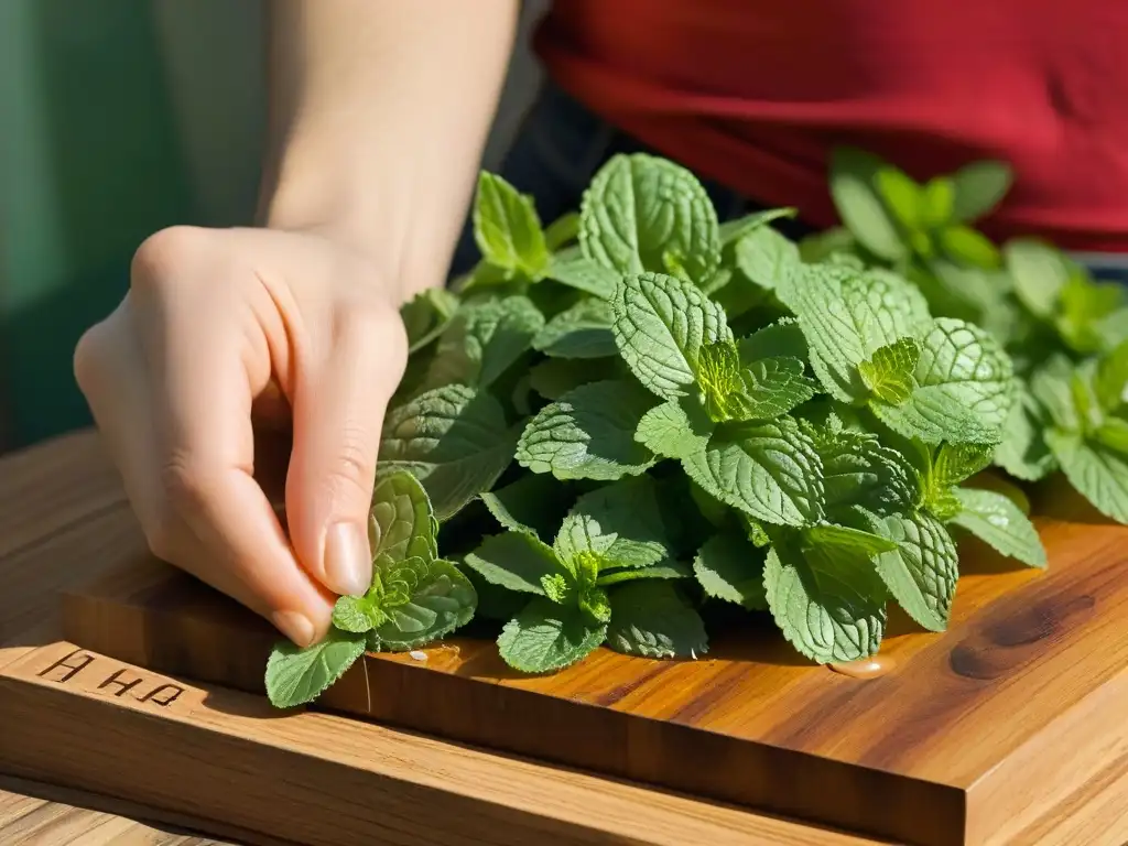 Delicados beneficios: hojas de menta fresca aplastadas entre dedos, liberando esencia brillante
