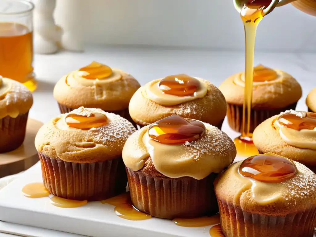 Delicados muffins caseros bañados en miel de abeja dorada, en una escena cálida y acogedora