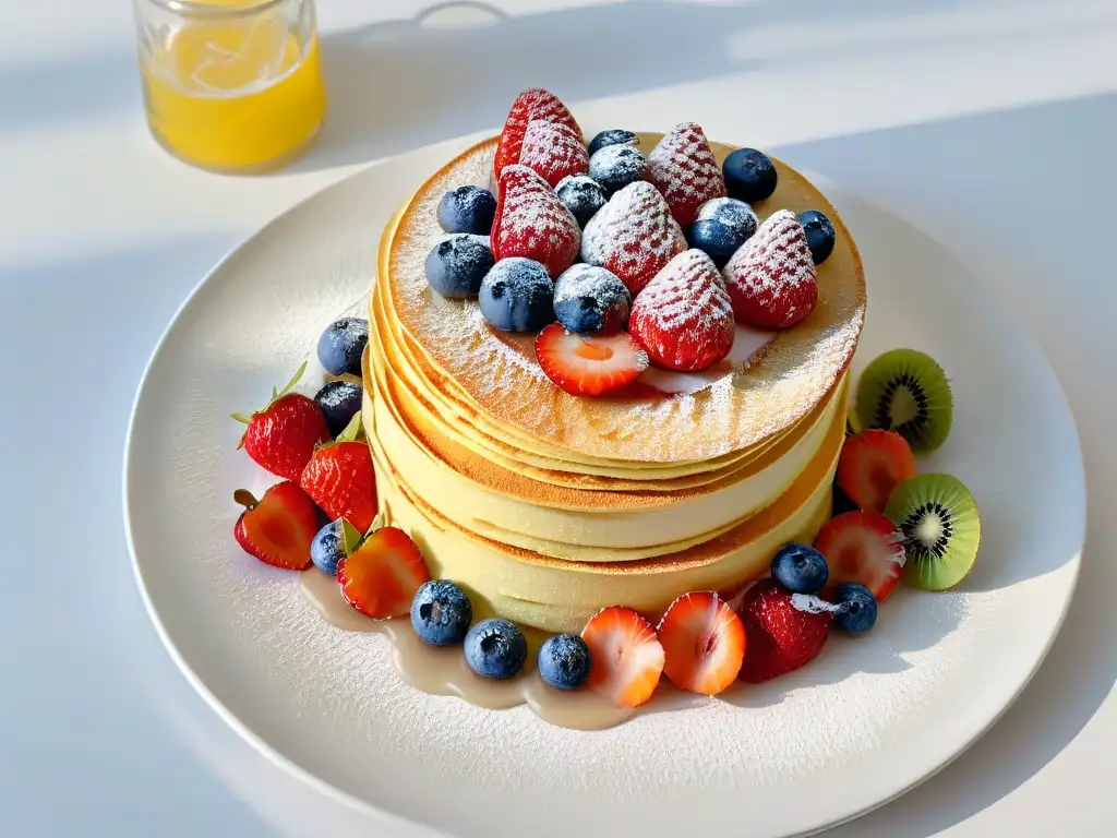 Delicados crepes apilados con frutas frescas y siropes, en un plato moderno sobre fondo blanco