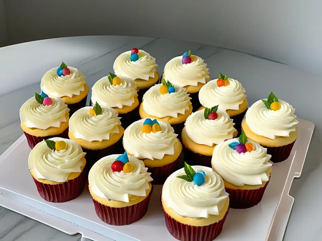 Delicados cupcakes con decoraciones vibrantes sobre elegante encimera de mármol blanco