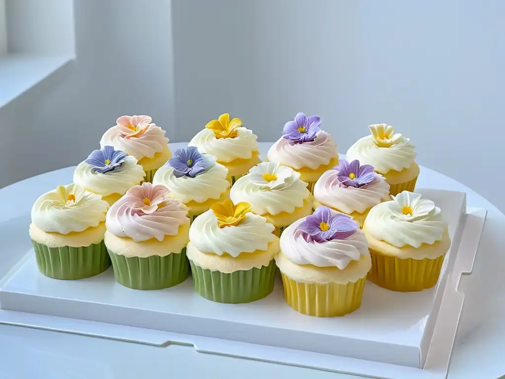 Delicados cupcakes en un elegante mostrador de cocina blanco, organización concurso repostería paso a paso