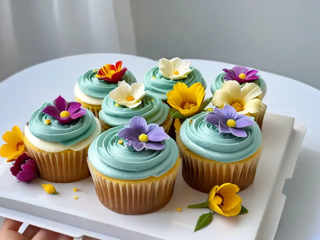 Delicados cupcakes sin gluten decorados con flores comestibles y chispeantes detalles