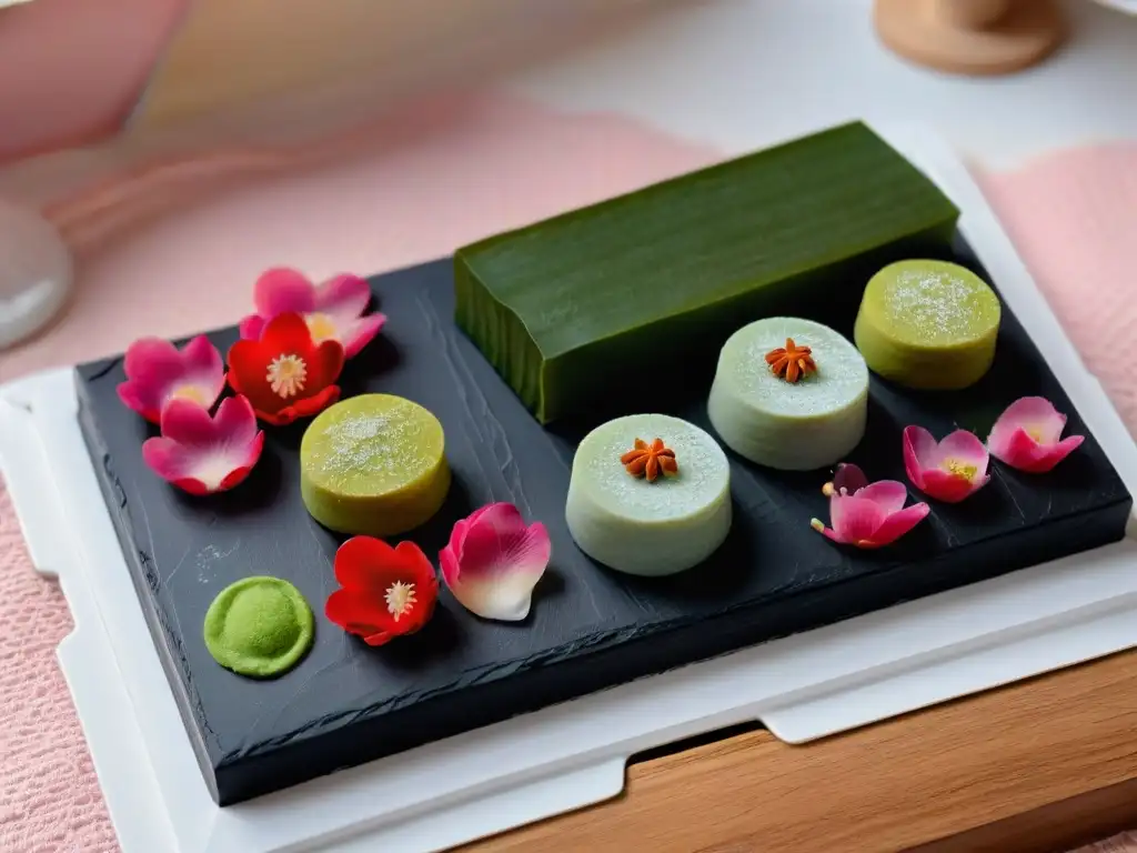 Exquisitos wagashi japoneses: Daifuku y Mochi en colores pastel Delicados Daifuku y Mochi de vibrantes colores, listos para ser degustados en una presentación elegante