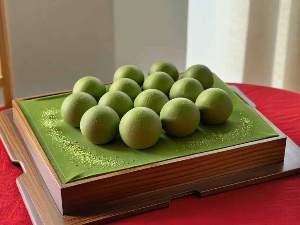 Delicados dango japoneses caseros en bandeja de madera tradicional, con polvo de matcha