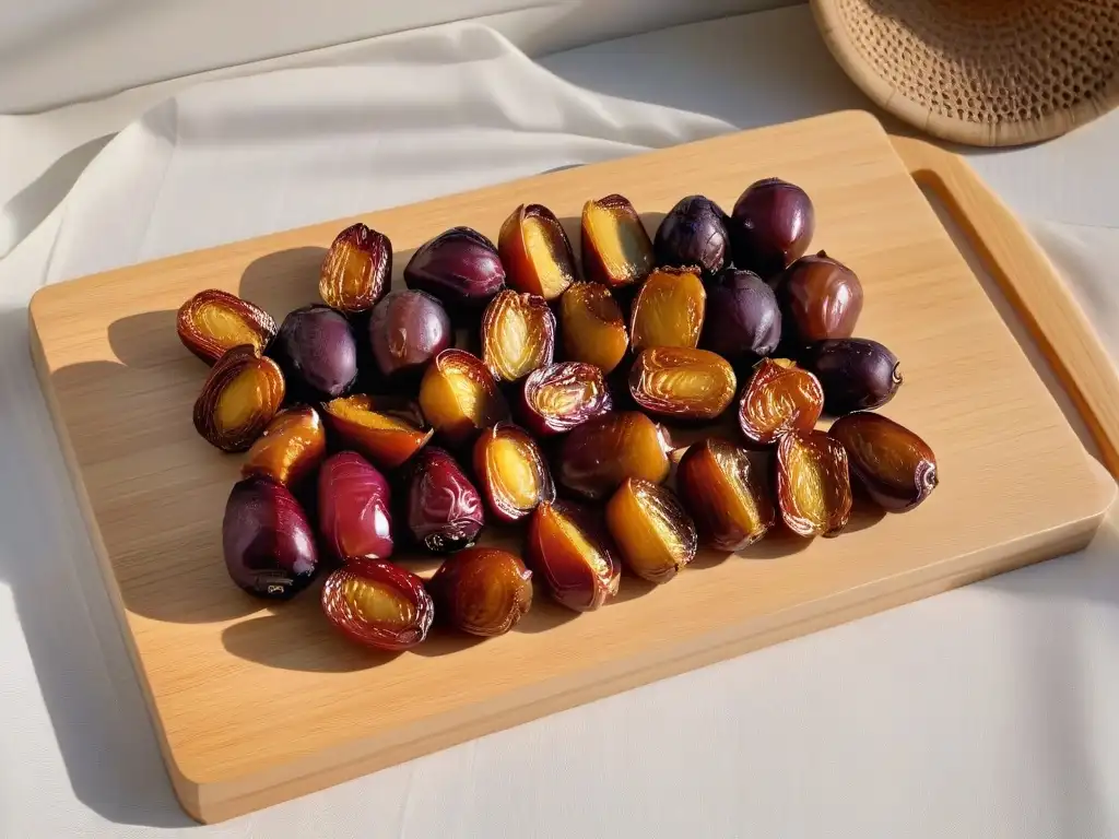 Delicados dátiles frescos sobre tabla de madera, bañados por luz natural