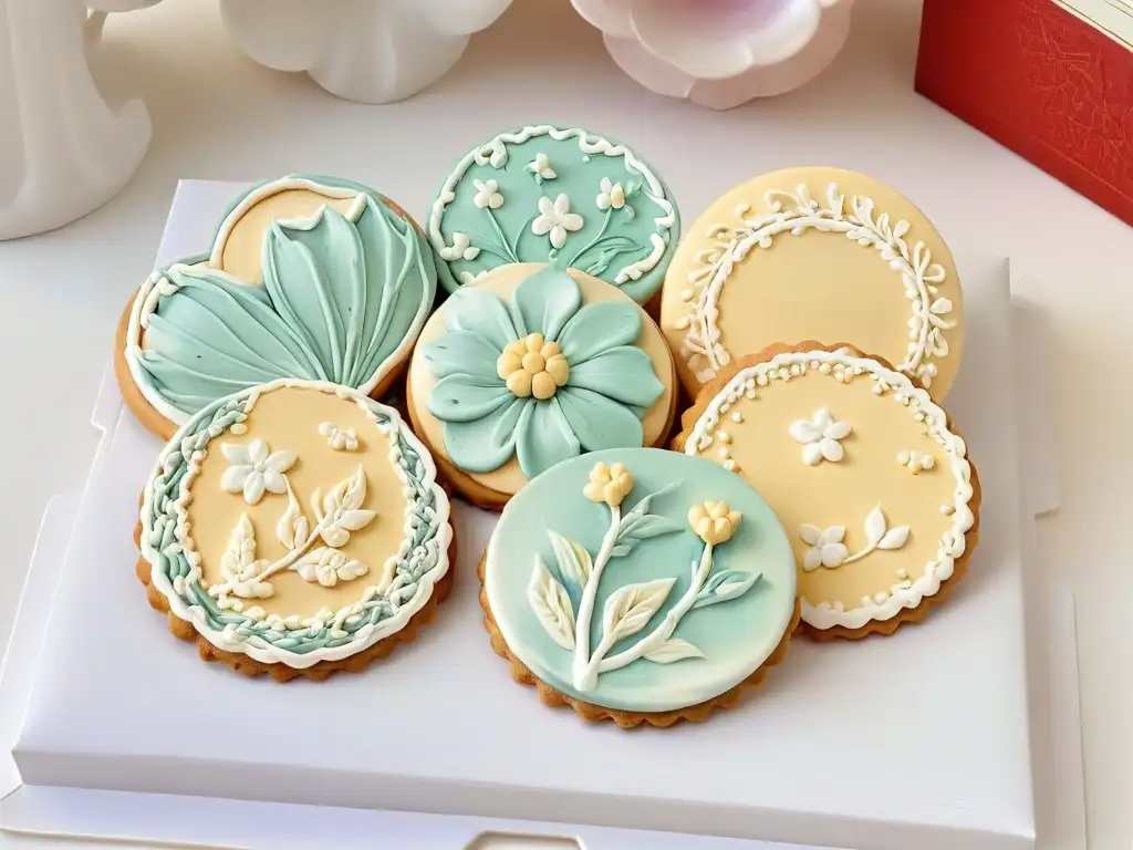 Delicados diseños de glaseado real en galletas decoradas, mostrando técnica avanzada de royal icing