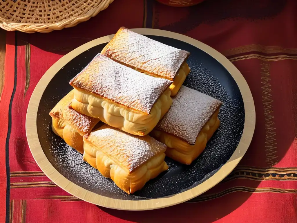 Delicados Mandazi dorados en cesta de mimbre sobre tela africana vibrante