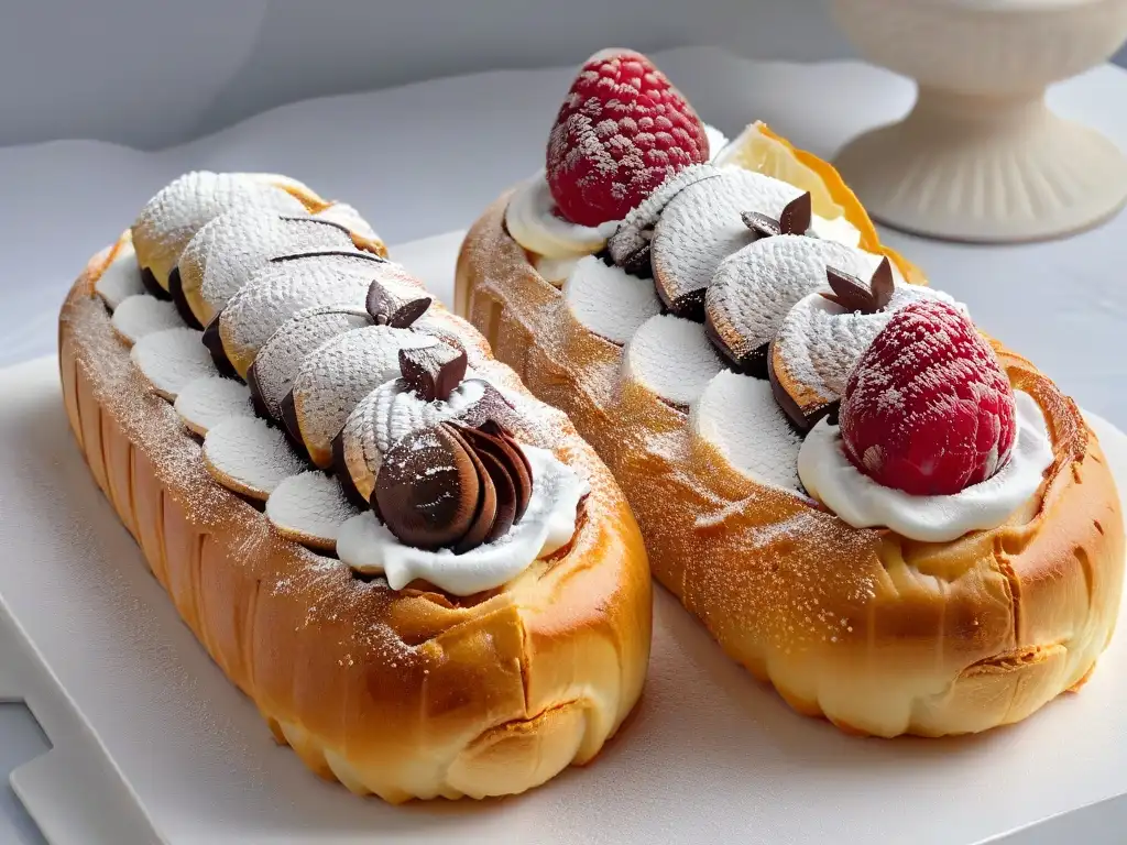 Delicados éclairs de repostería francesa tradicional del siglo XX en plato blanco, adornados con frambuesas y hojas de menta