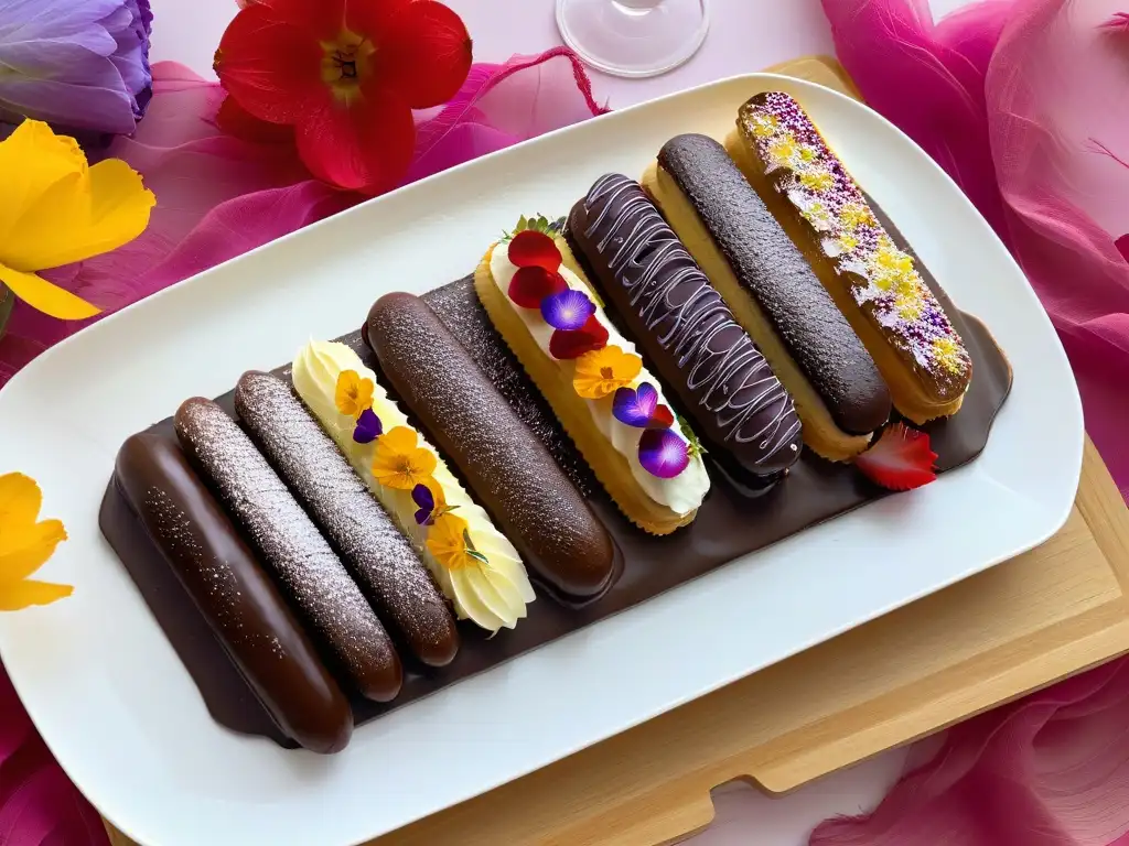 Delicados éclairs saludables con flores comestibles y cacao en mármol blanco