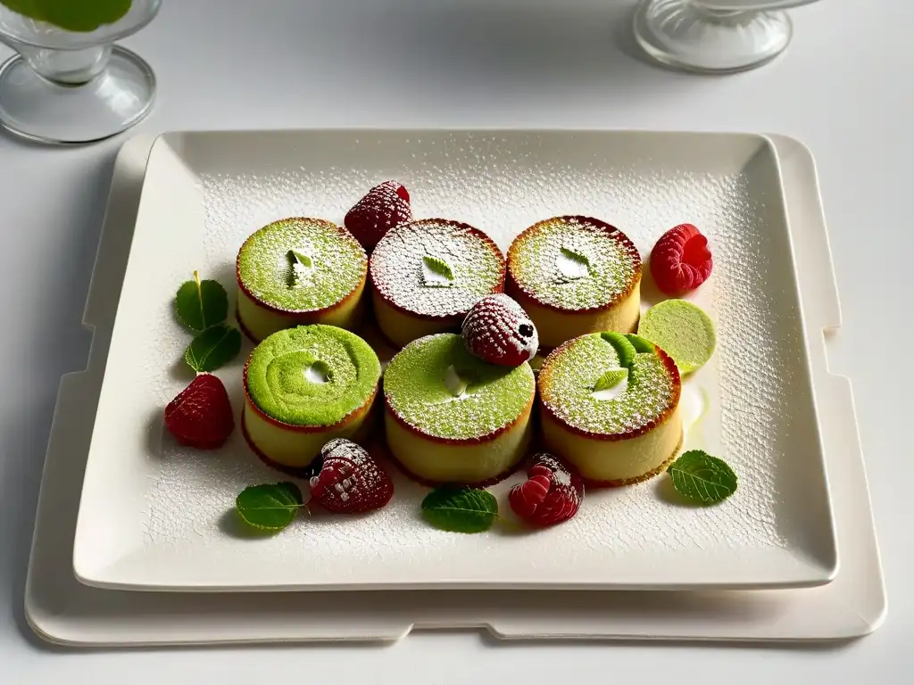 Delicados financiers de pistacho y frambuesa adornados con azúcar glass y frambuesas frescas