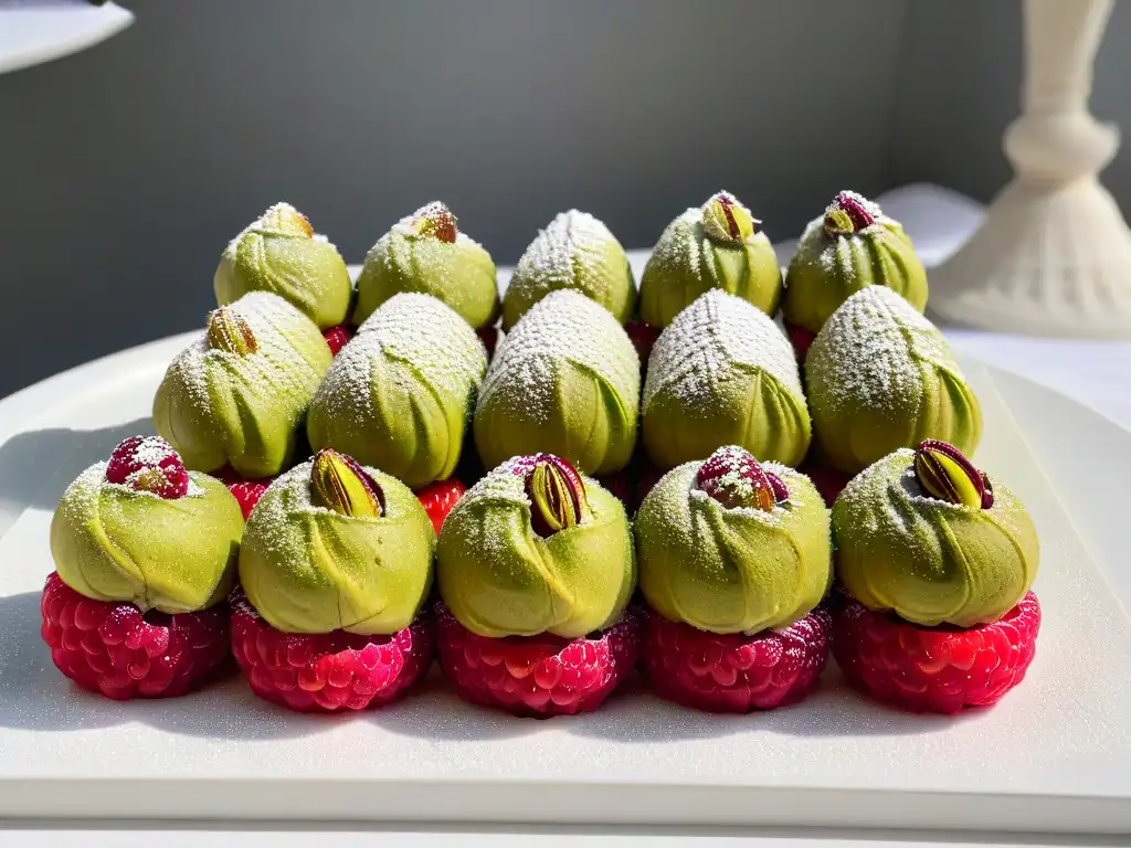 Delicados financiers de pistacho y frambuesa recién horneados en un plato blanco moderno