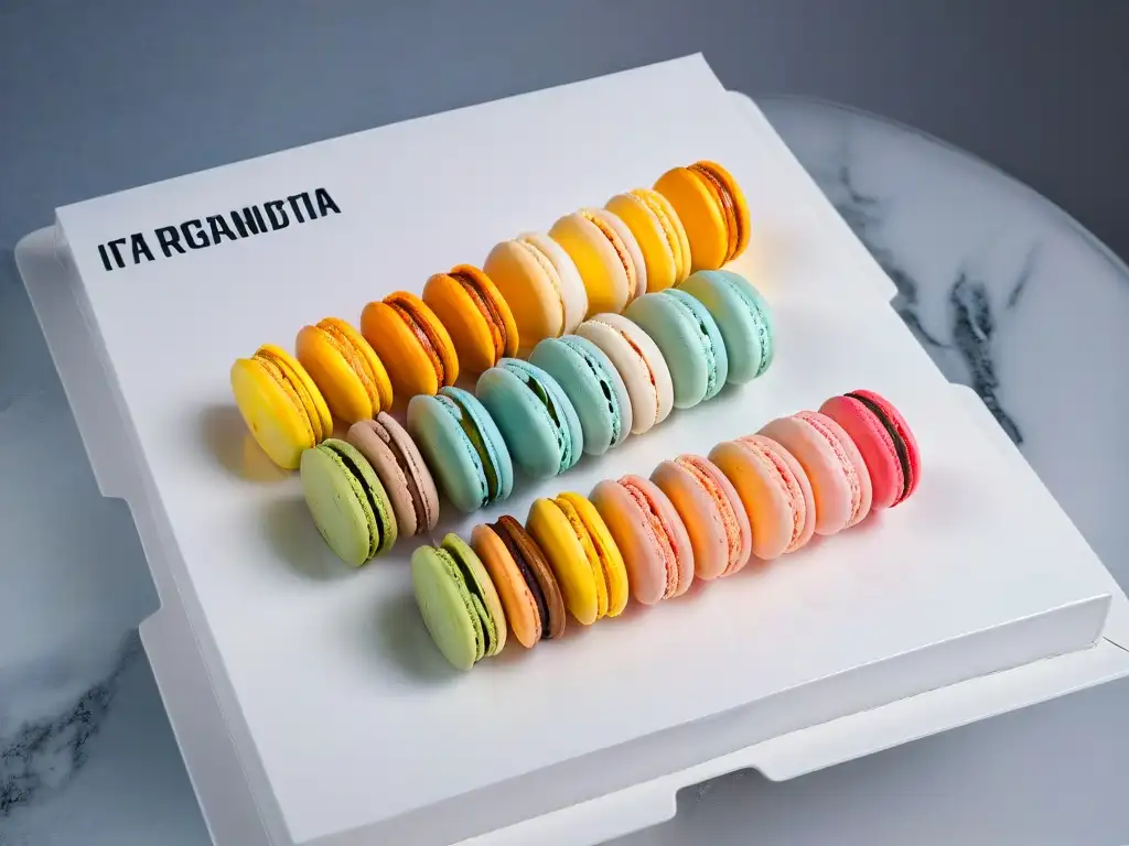 Delicados macarons de colores en elegante mesa de mármol blanco, reflejando luz ambiental