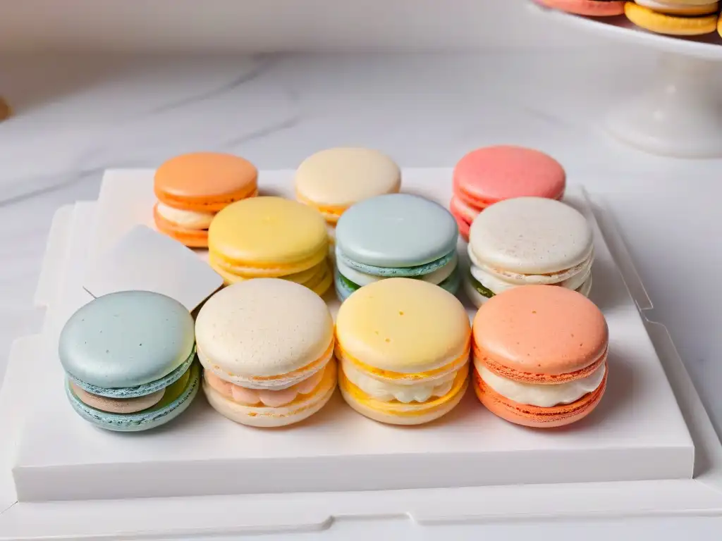 Delicados macarons de colores en un patrón geométrico sobre mármol