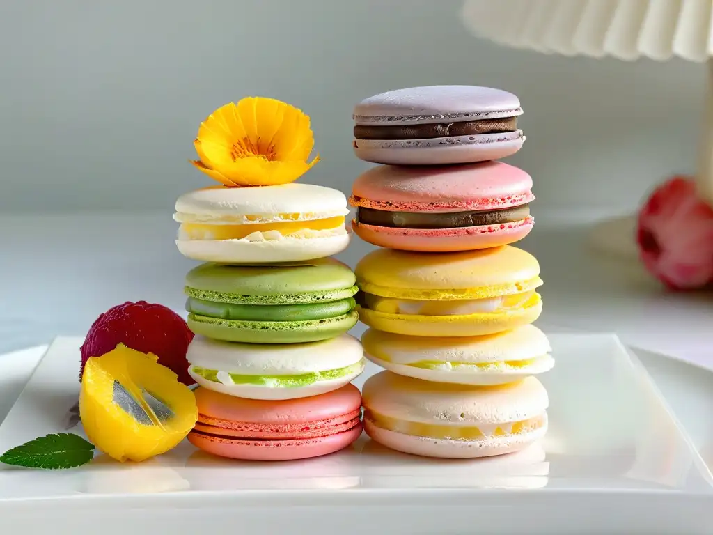 Delicados macarons de colores en plato blanco sobre mármol