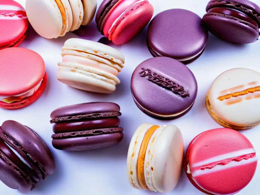 Delicados macarons en degradado de rosa a morado sobre fondo blanco