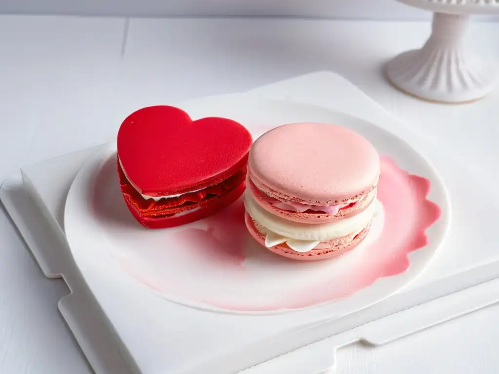 Delicados macarons en forma de corazón, uno rojo vibrante y otro rosa pastel, sobre un plato blanco