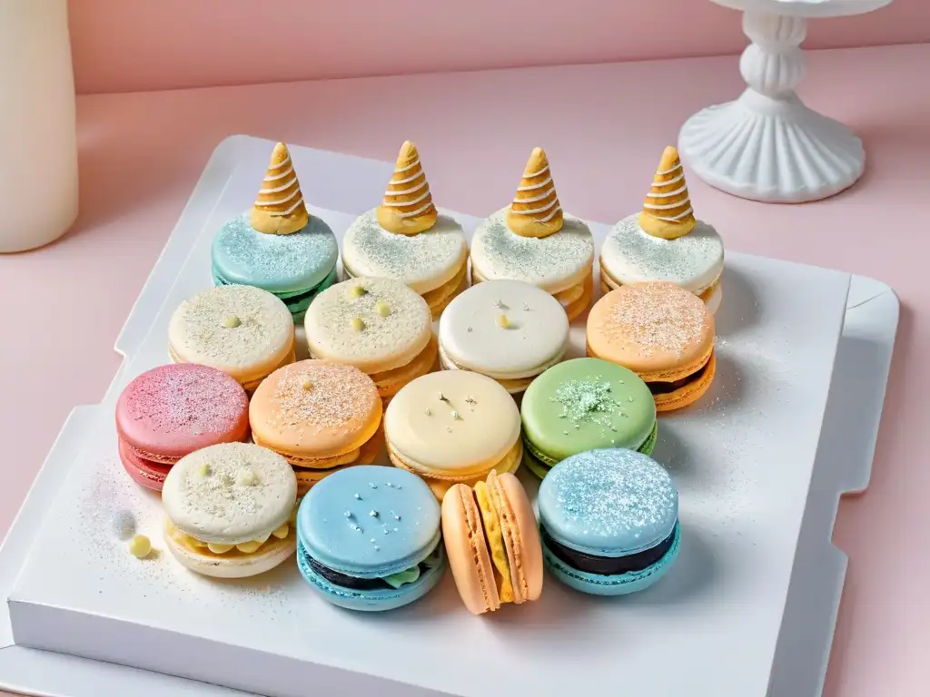 Delicados macarons inspirados en unicornios con brillo comestible, en un plato blanco