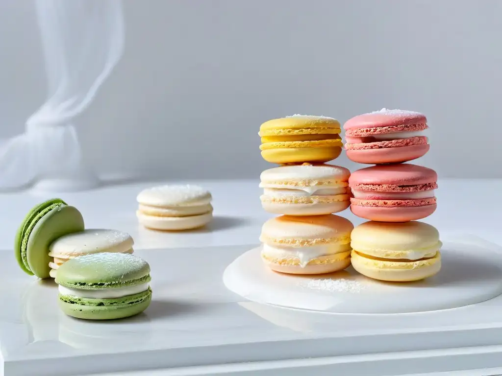 Delicados macarons pastel en mármol blanco, Retiros de cocina repostería especialidad