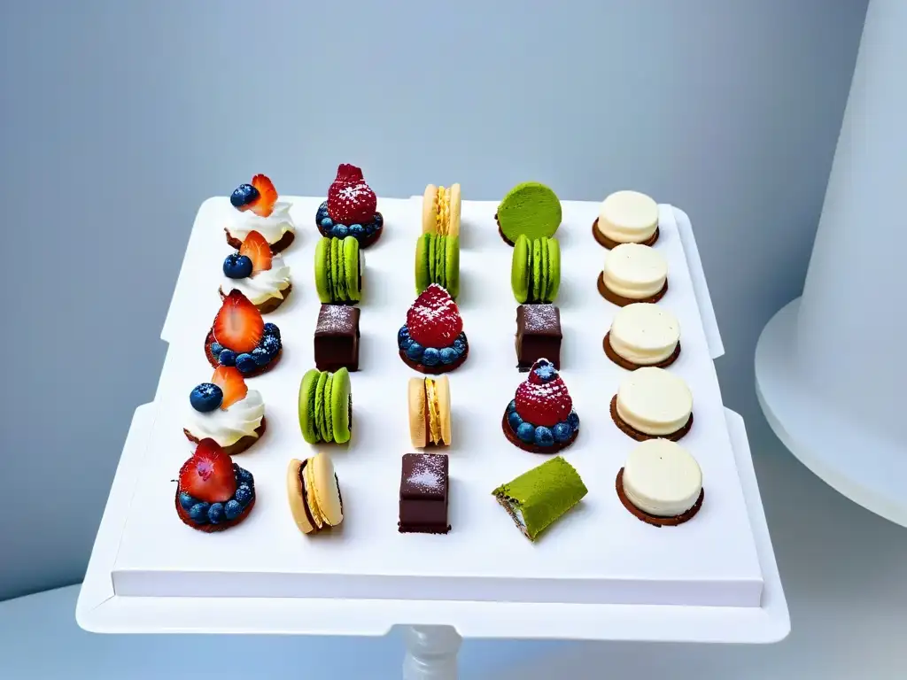 Exquisita exhibición de mini postres elegantes Delicados mini postres para fiestas de cumpleaños: cheesecakes, macarons y trufas de chocolate, adornados con bayas y hojas de menta en plato blanco
