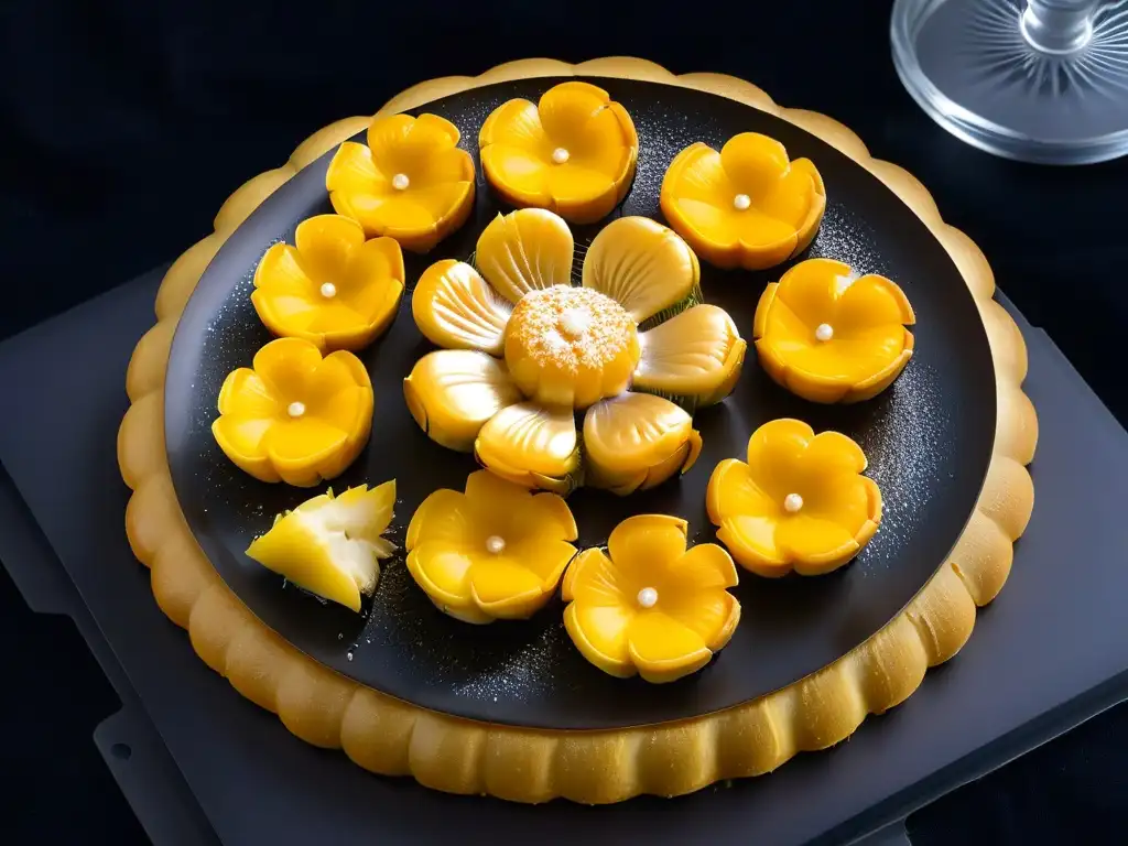 Delicados postres de Año Nuevo Chino: piñas doradas en forma de flores brillantes sobre un plato negro elegante