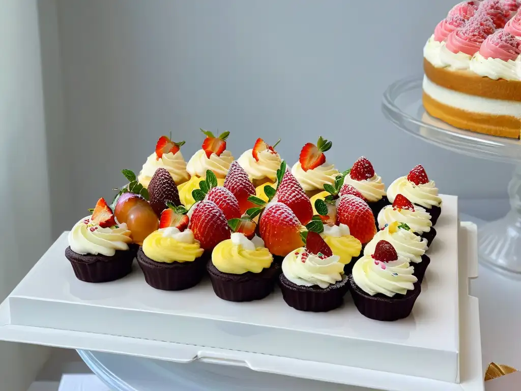 Delicias festivas: cupcakes, fresas, macarons y tarta de frutas Delicados postres populares para fiestas de cumpleaños en vibrantes colores y presentación exquisita sobre bandeja de mármol