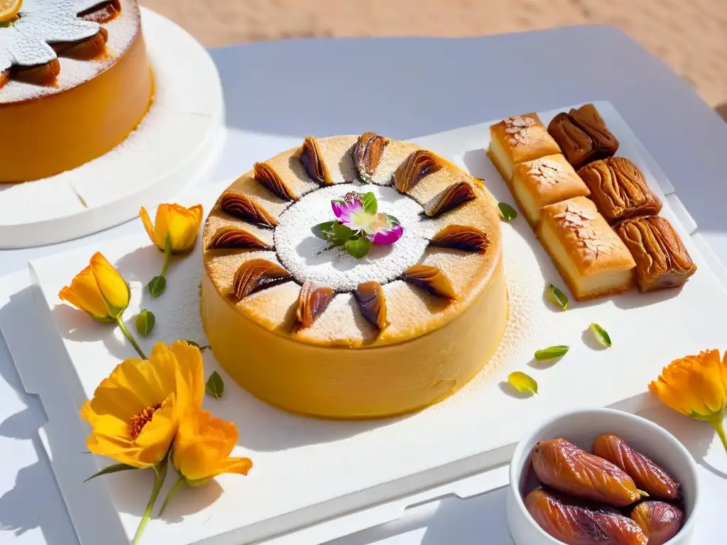 Delicados postres Ramadán de diversas culturas, como baklava y ma'amoul, presentados en plato blanco con pistachos y flores comestibles