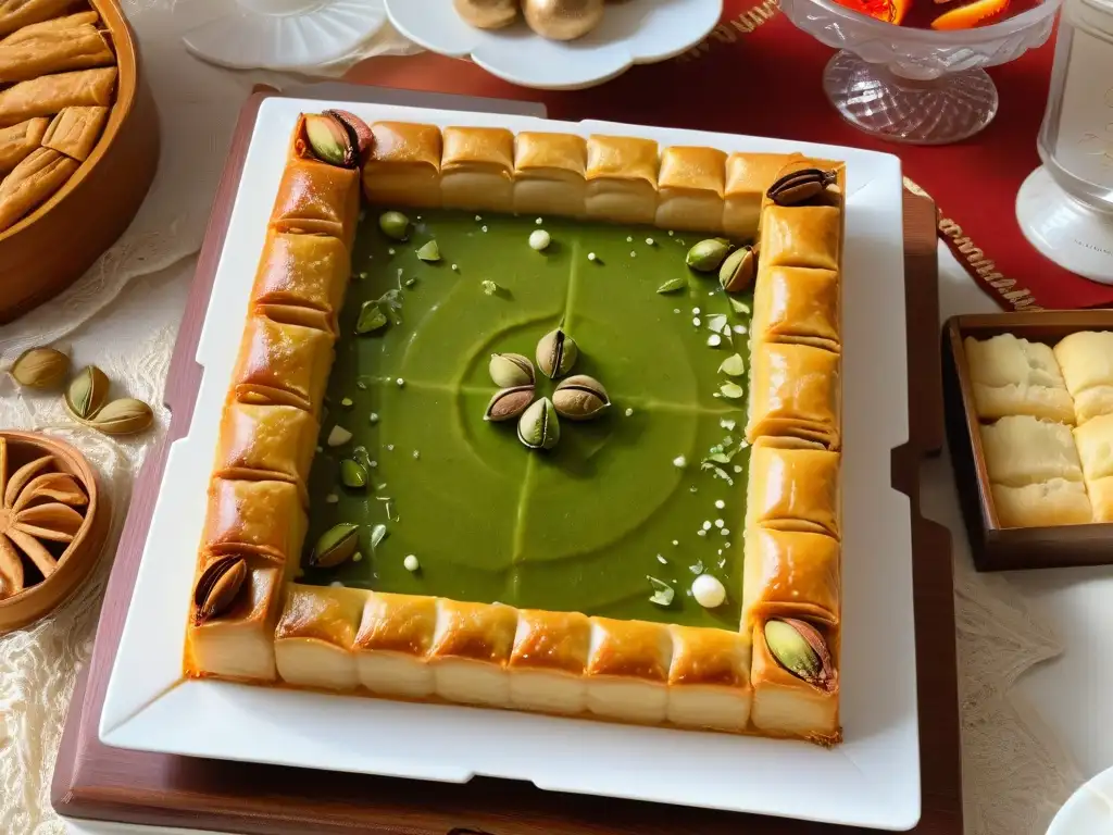 Delicados postres tradicionales Eid Ramadán adornados con pistachos, almendras y pétalos de rosa, presentados con elegancia y precisión