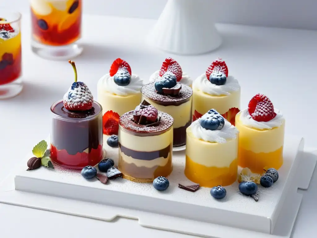 Deliciosos postres en vasitos: detalle y color vibrante Delicados postres en vasitos con vibrantes colores y texturas, decorados con frutas y chocolate