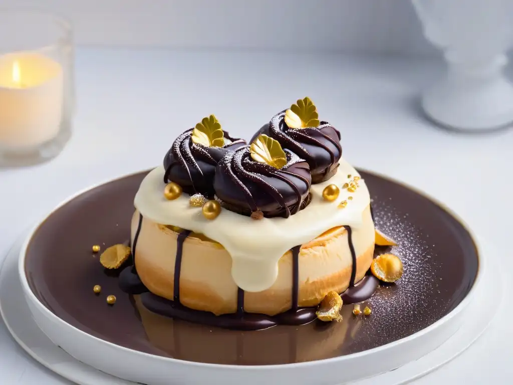 Delicados profiteroles gourmet con crema de vainilla y ganache de chocolate, decorados con láminas de oro comestible en plato blanco